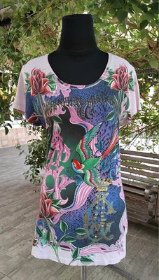 Christian Audigier Women Pink Rhinestones Python Rose Short Sleeve Shirt Size M