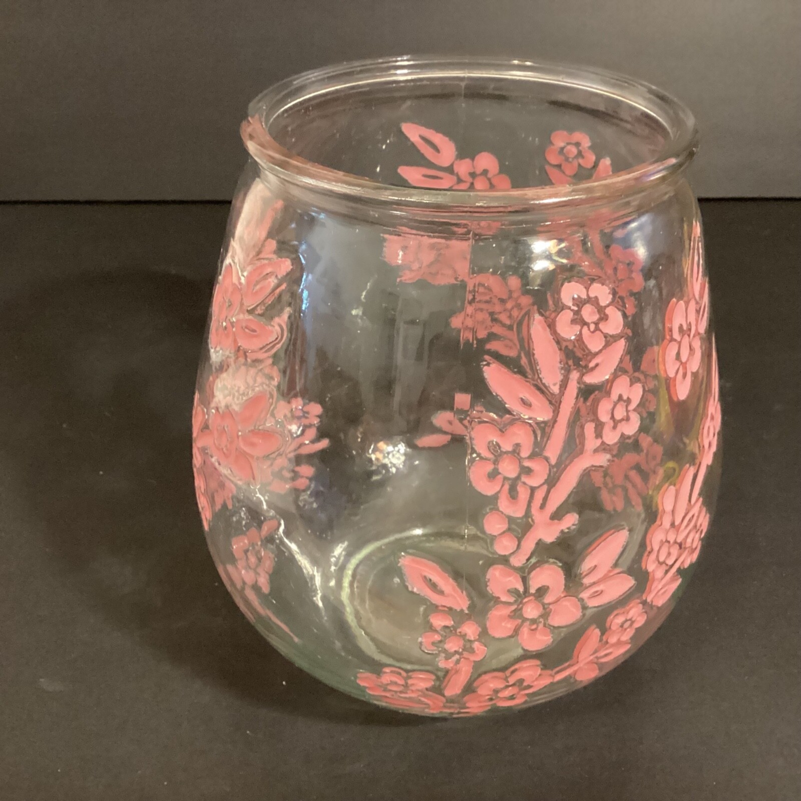 Old East Main Company Pink Floral on Clear Glass Vase or Candle Holder 7" Barrel