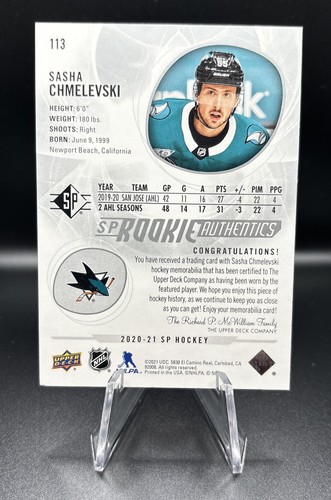 Camiseta deportiva 2020-21 Upper Deck SP Rookie Authentics Sasha Chmelevski #113 UD RC - Imagen 2 de 2