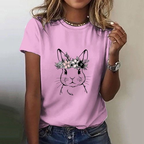 T Shirt Ladies Baggy Fit Short Sleeve Slogan T-shirt Tee Tops Happy Easter Bunny - Picture 17 of 45