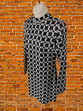 MANGO BLACK DRESS XS WOMENS LONG SLEEVE HIGH NECK ZIP UP SILK STYLE WHITE GOLD