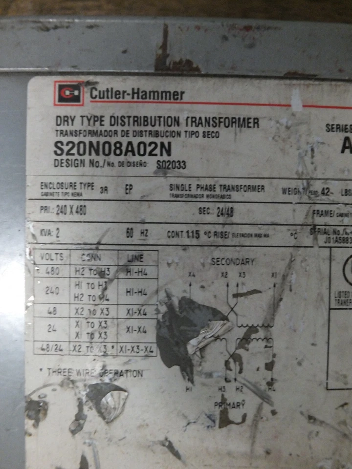 CUTLER-HAMMER CAT# S20N0A02N TRANSFORMADOR 2 kVA 1Ø PRIM: 240x480v SEC: 24/48v Foto 3 de 4