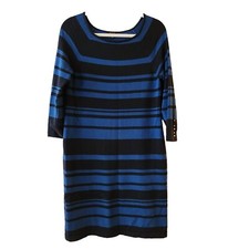 Ann Taylor Blue & Black Striped Knit Size Medium Dress Long Sleeve Cuff Buttons