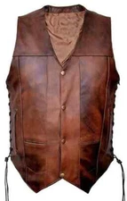 Men 10 pocket Side Lace Vintage Brown Motorcycle Leather Vest Concealed Carry