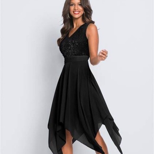 Vestido Venus Para Mujer 6 Negro Lentejuelas Tanque Pañuelo Dobladillo Swiftie Glam Gatsby - Imagen 12 de 12
