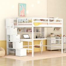 Full Size Wood Loft Bed with Desk, Storage Shelves and Storage Staircase,White