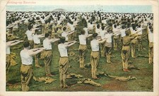 Postcard WWI U.S. Army Marines Setting Up Exercises 1918 Shirtless Wifebeaters