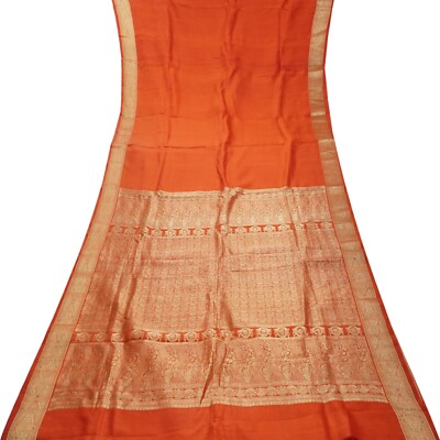 Vintage Rust 100% Pure Silk Zari Handwoven Sari Remnant 5YD Craft Fabric Scrap