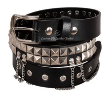 Herren Schwarz Leder 2 Reihen Pyramiden Nieten Gürtel 40mm Druckknopf Kette Gothic 620