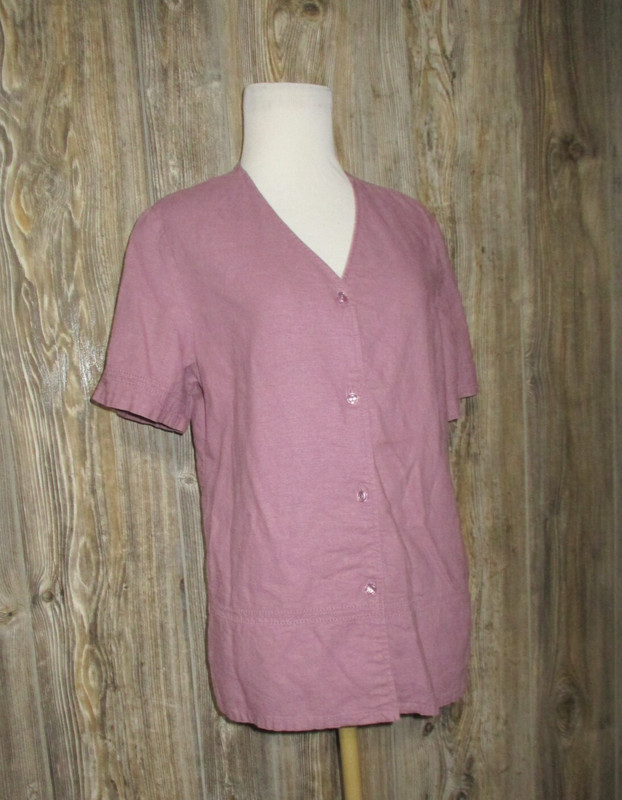 Kathie Lee Purple Sz Medium Linen Blend Button Up Short Slv Shirt Vtg Career