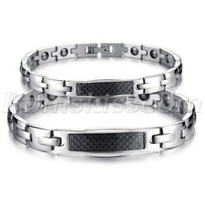 Couples Men Women Stainless Steel Carbon Fiber Magnetic Power Therapy Bracelet