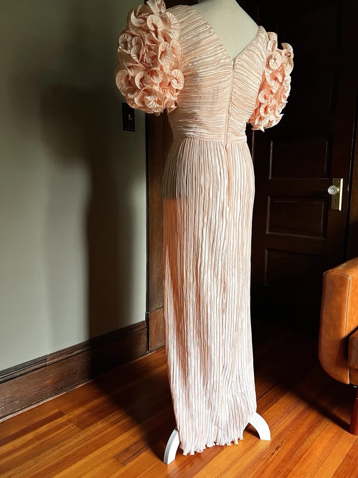 Lillie Rubin Vintage Puff Poof Sleeve Accordianed Dress Apricot Peach Sz 8 - Image 3 of 4