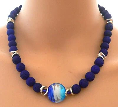 KETTE LAVA 10mm dunkelblau Eyecatcher Lampwork türkis weiß  192b - Bild 1 von 4