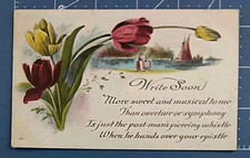 Antique Postcard Tulips Sailboat Write Soon George Washington Stamp (Green)