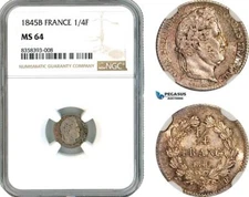 AK459, France, Louis Philippe I, 1/4 Franc 1845 B, Rouen Mint, Silver, NGC MS64