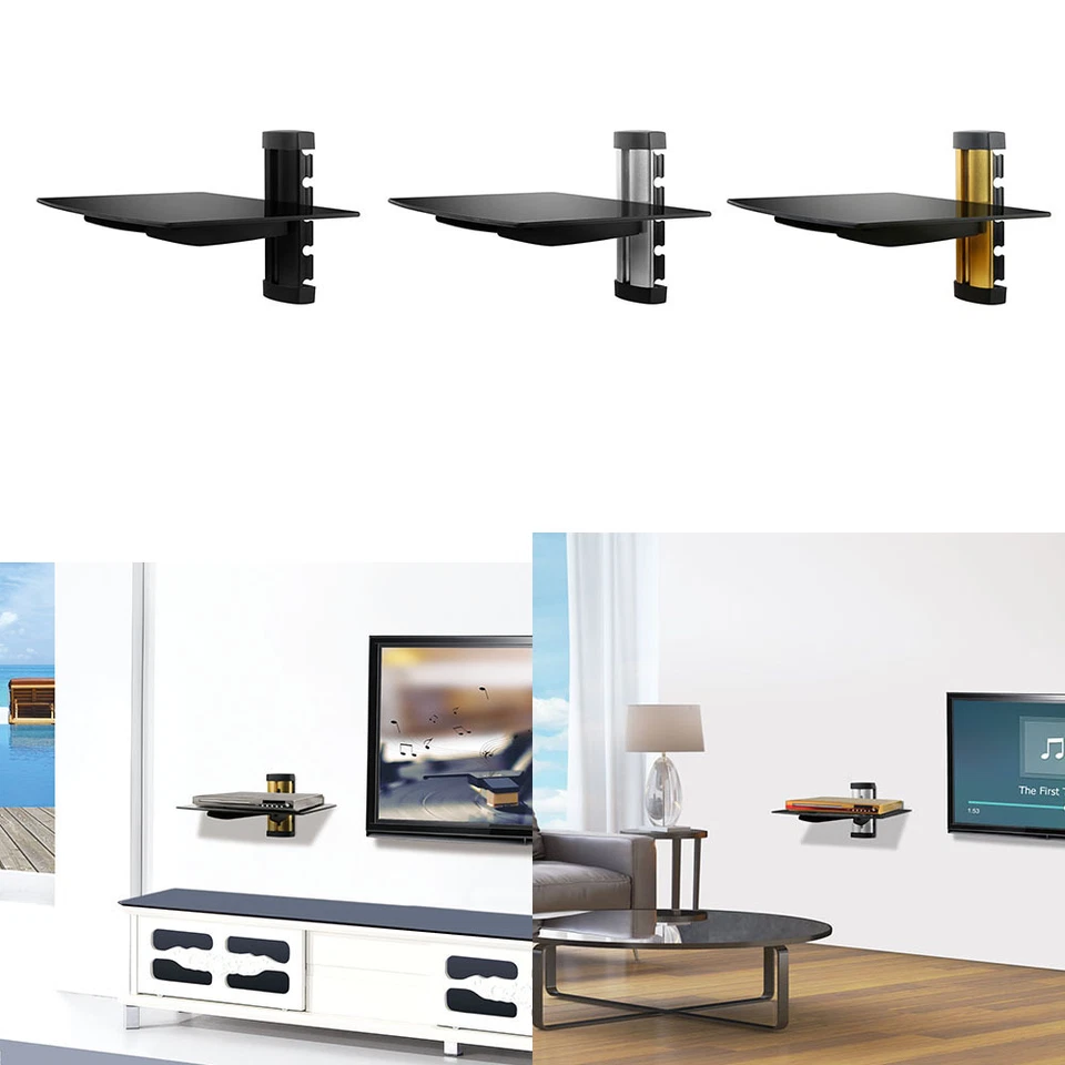 PRATELEIRA DE VIDRO 2 CAMADAS SUPORTE DE PAREDE SOB TV CABO CAIXA COMPONENTE DVR DVD SUPORTE PRETO - Imagem 4 de 4