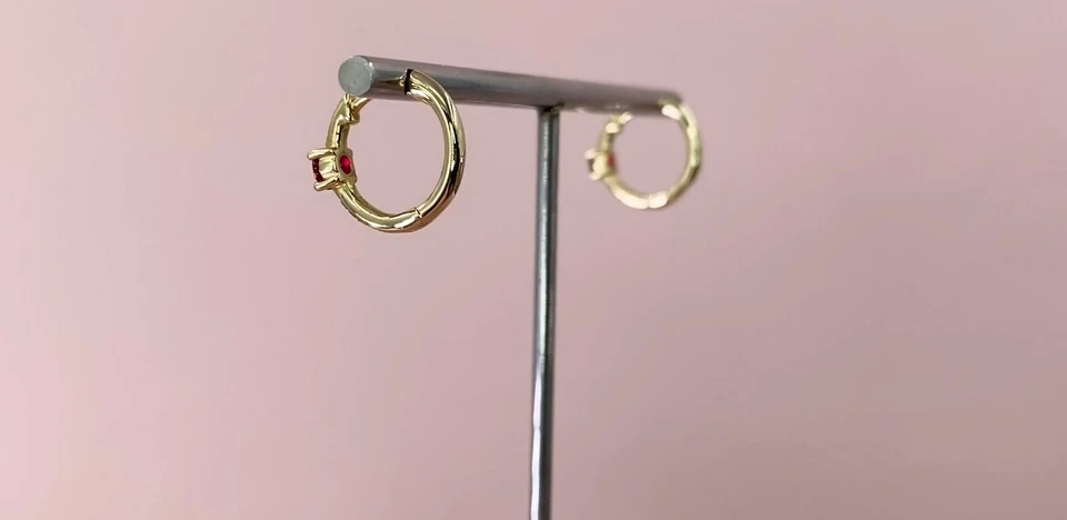 Ruby Diamond Huggie Earrings 14k White Gold 0.35CT Natural Mini Hoop Round Cut - Image 4 of 4