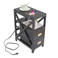 Fully Assembled Narrow Side Table with Charging Station, No Assembly Black