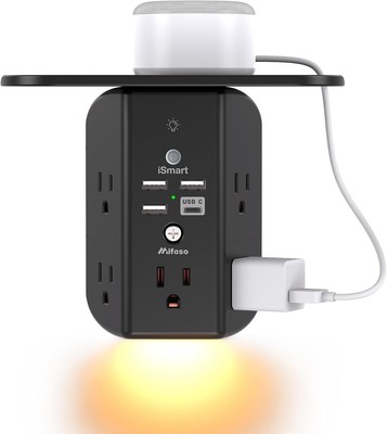Wall Outlet Extender with Shelf, Night Light, Surge Protector, 5 USB + 1 USB-C
