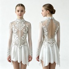 Customized Figure Skating Dress White Children Adult Long Sleeve Competition