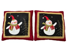 Felt Wool Snowman Throw Pillows Christmas Tree Santa Hat Red Plaid Grosgrain EUC