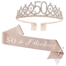 "50 & Fabulous" Birthday Tiara and Sash Kit- 50th Gifts rose gold
