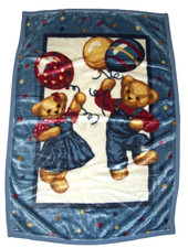 Blue Jean Teddy Vintage Crib Blanket Balloons Plush Boy Girl Bears 30x45  