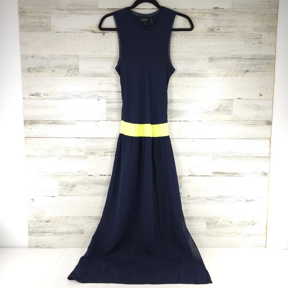 $395 Vestido THEORY Lewie Midi de Seda Azul Marino Amarillo Neón Para Mujer Talla Pequeña DEFECTOS Foto 2 de 4