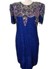 Vintage Lawrence Kazar Evening Beaded Colorful Sequin Blue Silk Dress Sz PL NWT
