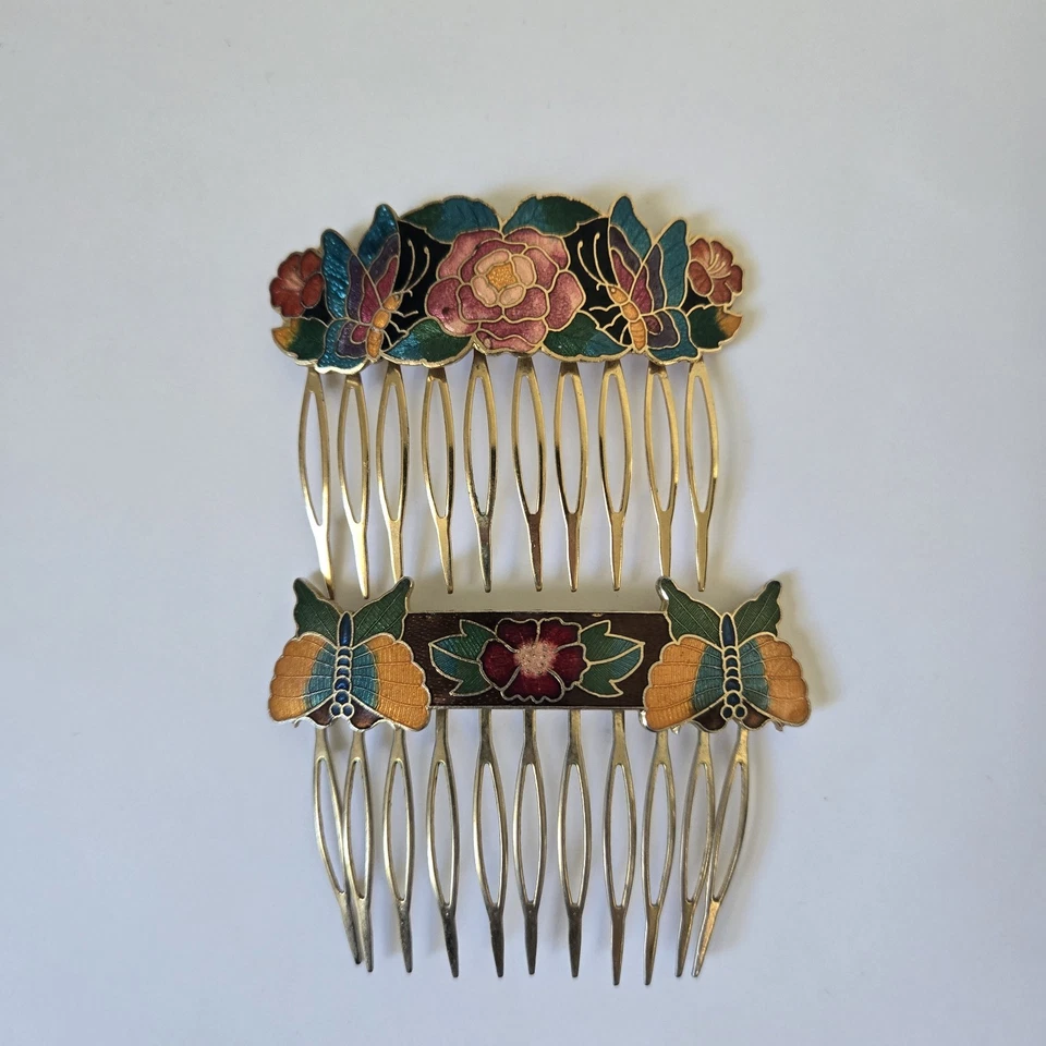 Juego de 2 peines de pelo vintage cloisonné esmalte colorido floral mariposa Foto 2 de 4