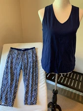Carole Hochman pajamas small s crop capri 100% cotton knit pockets navy tank
