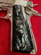 CUSTOM  MADE 1911 Black  Pearl Nickel COLT Medallions Grips 45 38 super  