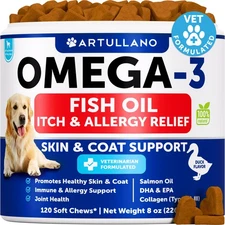 Omega 3 Fish Oil for Dogs - Dog Allergy Chews - Itch Relief & Skin and Coat S...