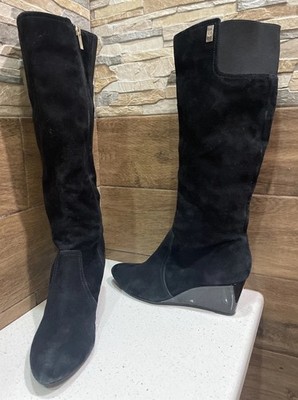 Anne Klein Akedenia Black Suede Leather Suede Knee High Womens Wedge Boots  9.5