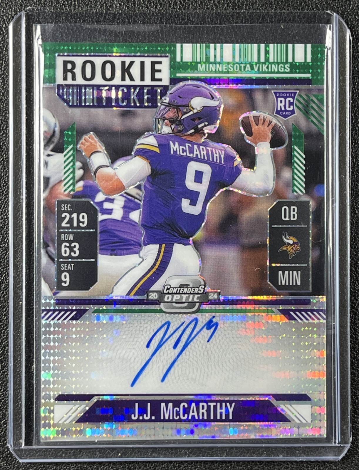 JJ MCCARTHY 2024 CONTENDERS OPTIC #101 ROOKIE TICKET AUTO GREEN PULSAR PRIZM /30