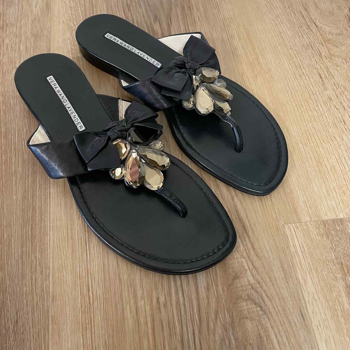 Vera Wang Lavender Label Embellished Black Leather Flip Flop