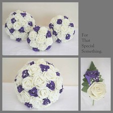 Brides bouquet with purple & ivory, Bridesmaid posy, buttonholes, wrist corsage