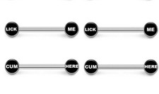 PAIR 14G 9/16" LICK ME CUM HERE 8mm LOGO NIPPLERINGS STEEL NIPPLE RINGS BARBELLS