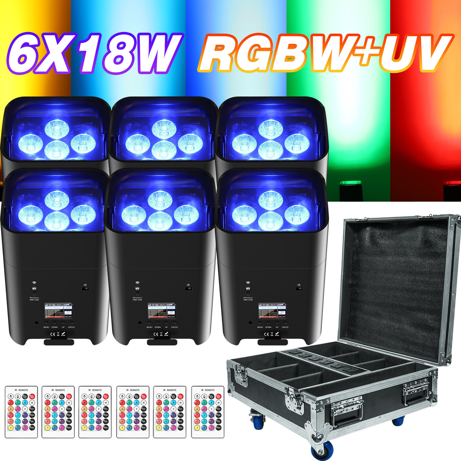 6PCS 6X18W RGBWA+UV Rechargeable Wireless DMX Par Light Stage DJ Lights & Case