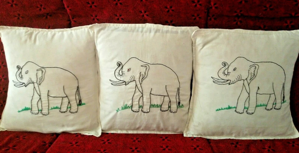Elephant Design cushion cover Hand embroidery with Grey cloth material 3 pieces - Image 4 of 4