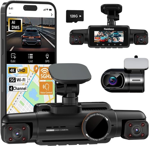 AI Dash Cam Front Rear Inside 4 Channel Monitor 360° View Wi-Fi GPS Night Vision