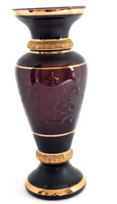 Bohemia Crystalex Amethyst Vase Etched Phoenix Gilded Czech Rep 10in Hand Made
