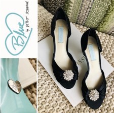 Blue by Betsey Johnson Black Satin Low Heel Peep Toe Jeweled Size 8