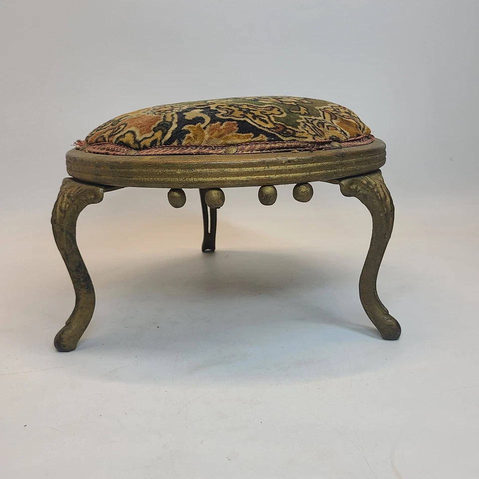Antique Cast Iron & Wood 3 Foot Stool Georgian Upholstered WJ Chaplin Tapestry - Image 4 of 4