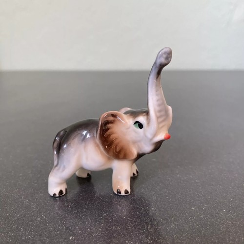 Vintage Miniature Porcelain Elephant Figurine Trunk Up Brown & White Green Eyes