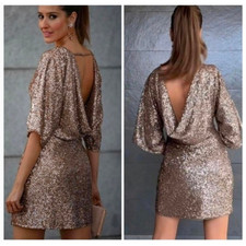Zara 8736/696 Gold Sequinned Flowing at Back Neckline Short Dress, size S