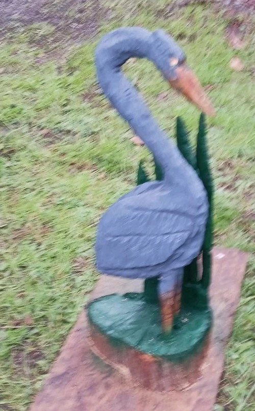 Grey Heron Green Flora Chainsaw Carving Sculpture Statue Art Decor Cypress Wood - Image 4 of 4