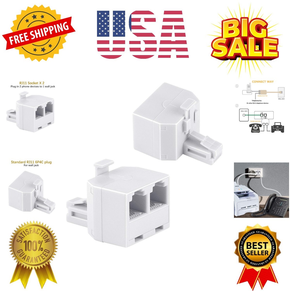HAWAKA Adaptateur Téléphonique RJ11 6P4C Bidirectionnel Avec Câble - Splitter Mural