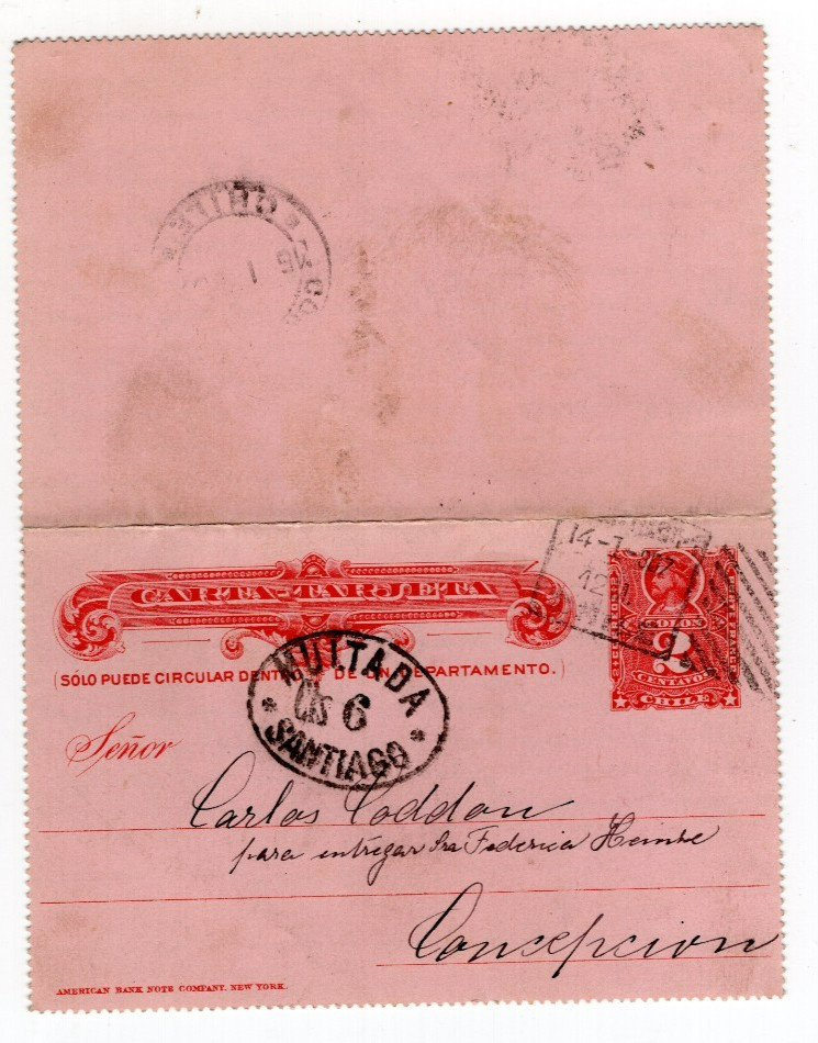 Chile 1907 Santiago to Concepcion TAXED card MULTADA 6 cts