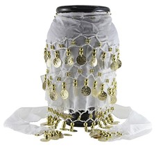 White Middle Eastern 3 ROWS ornament Coins BELLY Dance sheer Costume HIP SKIRT